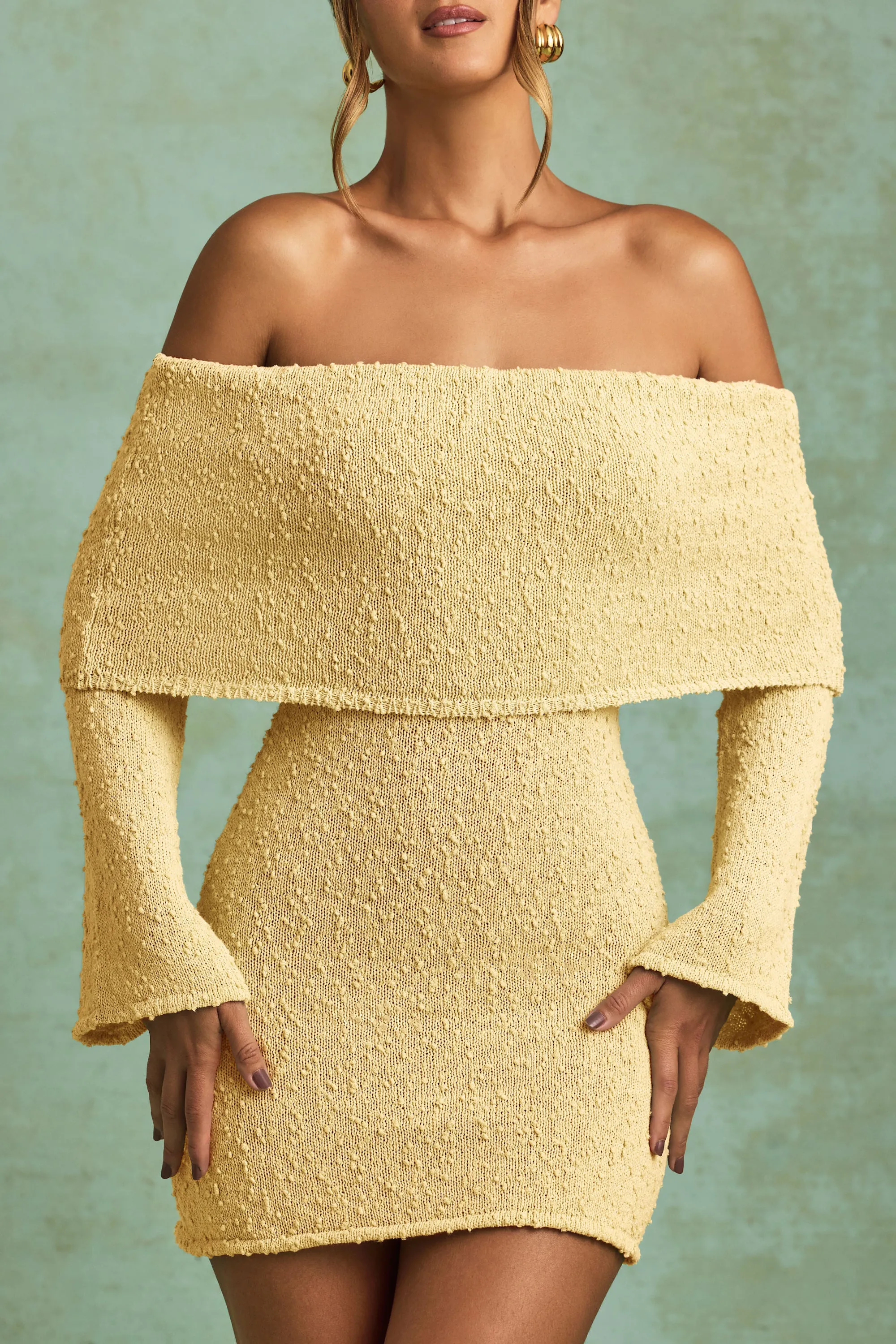 Boucl?? Off-Shoulder Mini Dress in Yellow On The Go Look