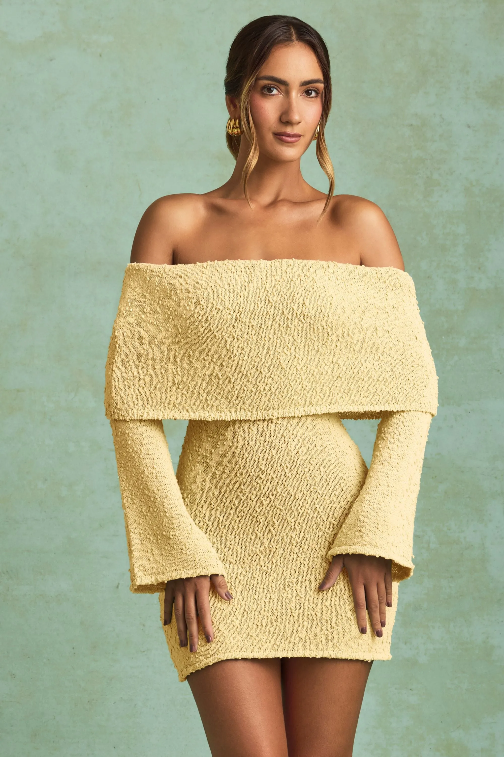 Shine Mode Chic Style Wear Boucl?? Off-Shoulder Mini Dress in Yellow
