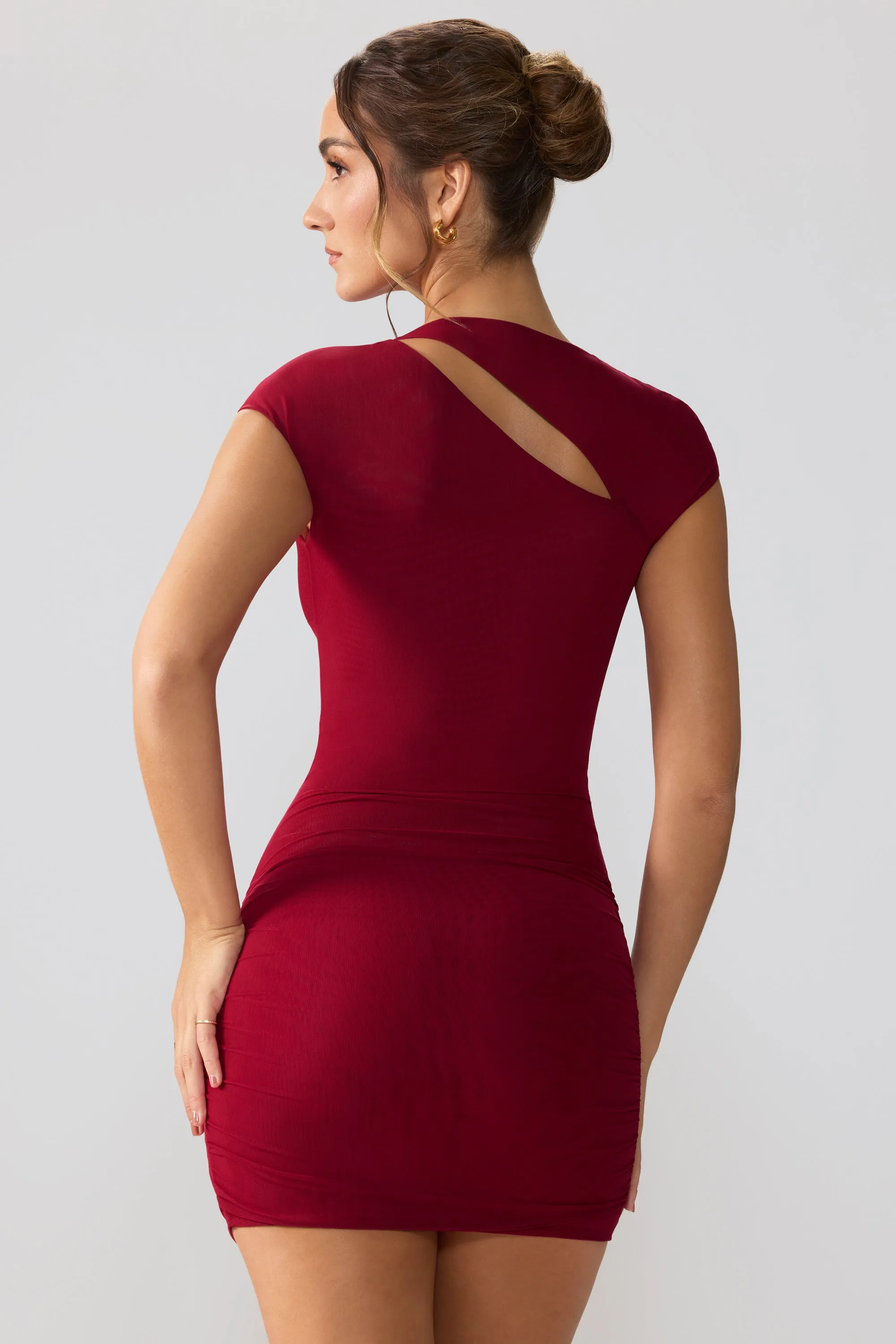 Stage Pop Mesh Cap Sleeve Cut Out Mini Dress in Ruby