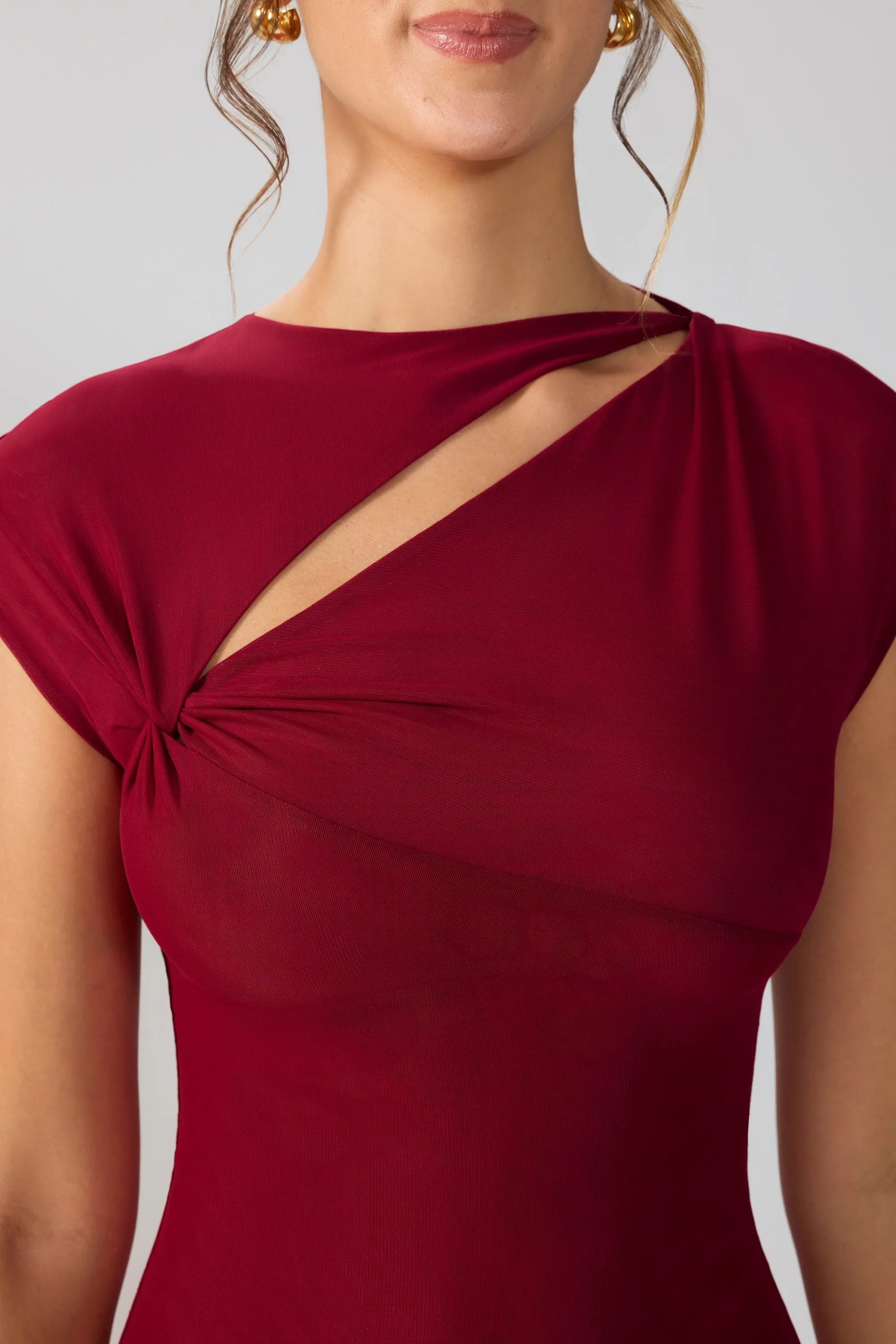 Mesh Cap Sleeve Cut Out Mini Dress in Ruby Beat Light