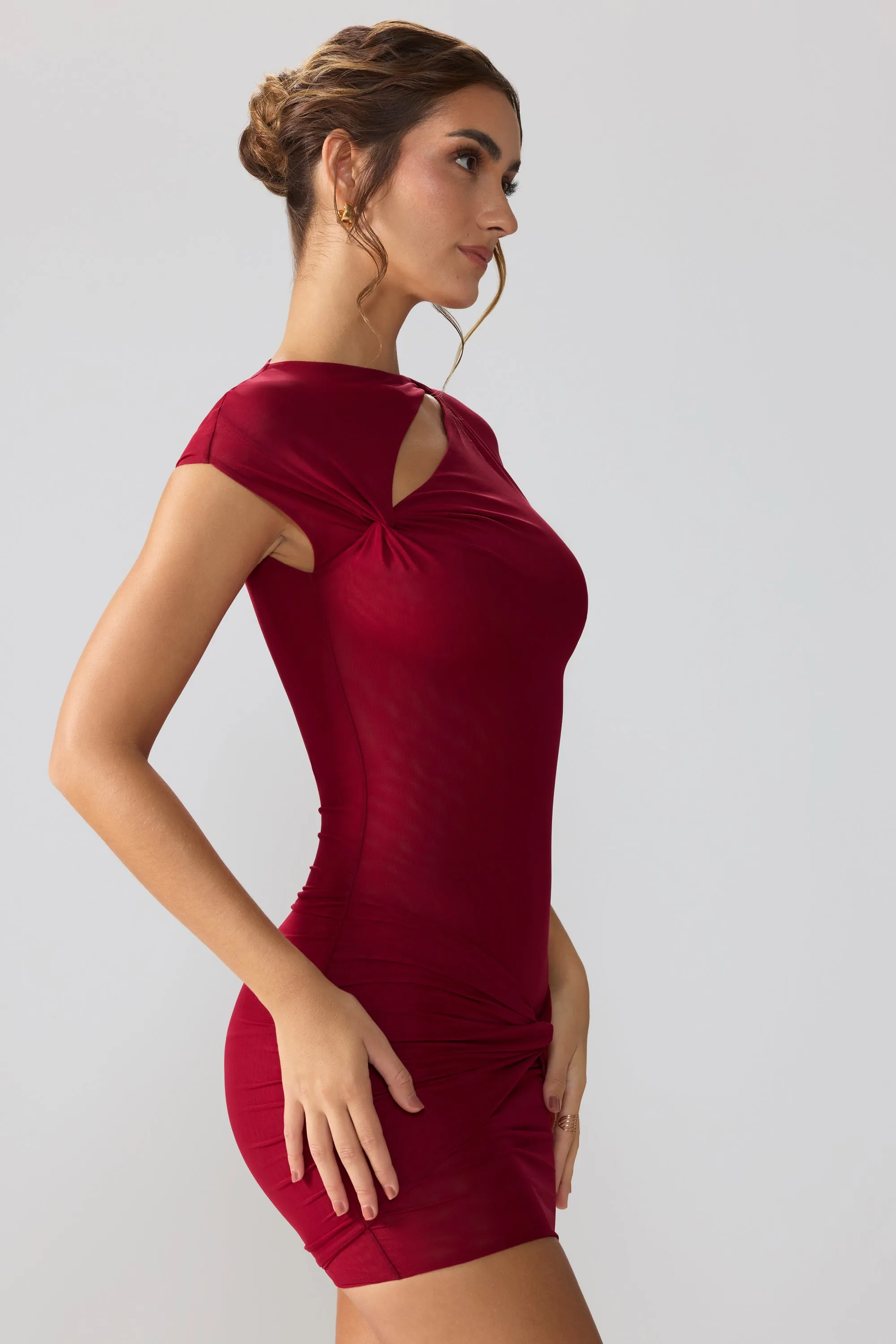 Flirty off-the-shoulder mini Vibrant Mesh Cap Sleeve Cut Out Mini Dress in Ruby