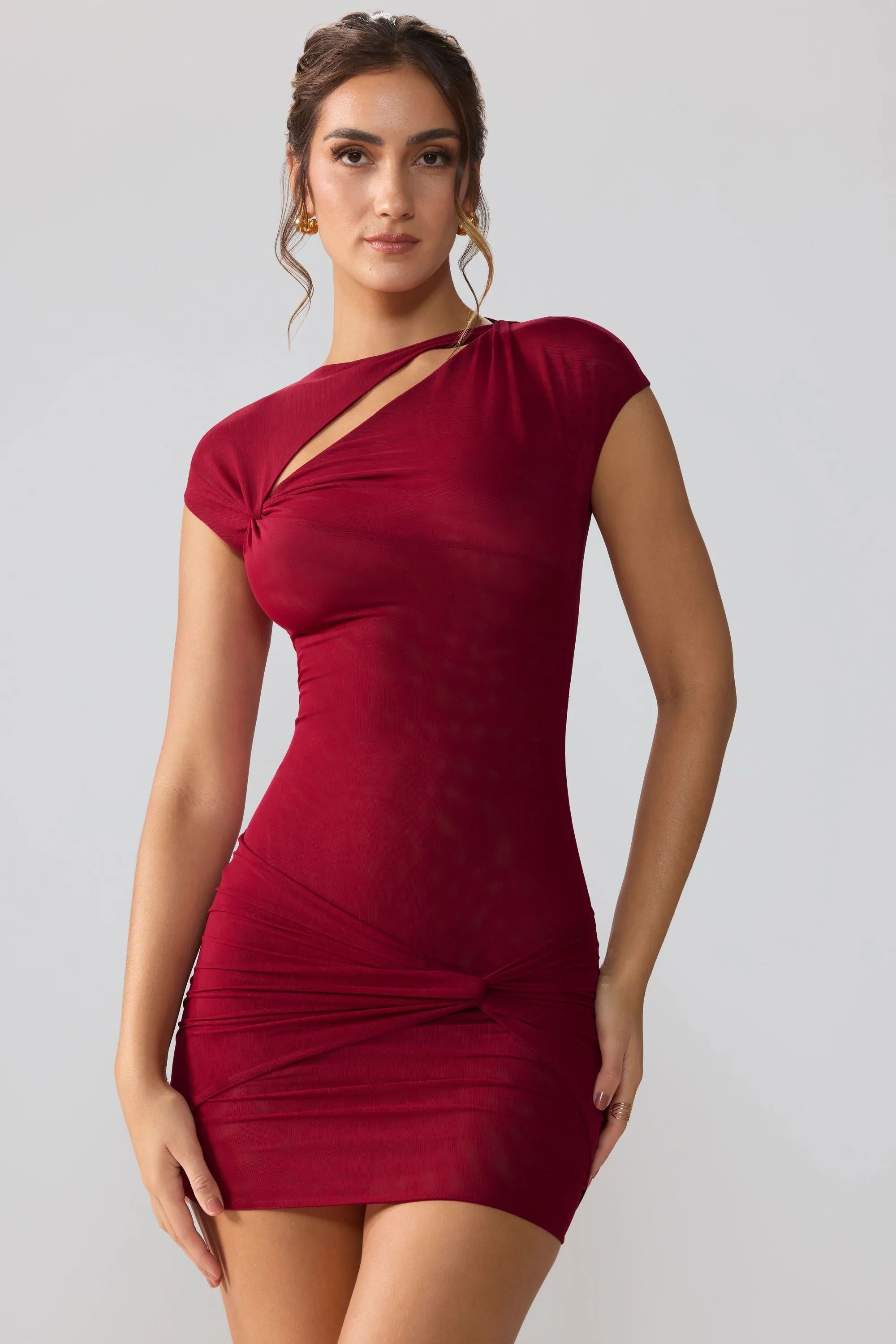 Highlight Zone Street Spice Mesh Cap Sleeve Cut Out Mini Dress in Ruby