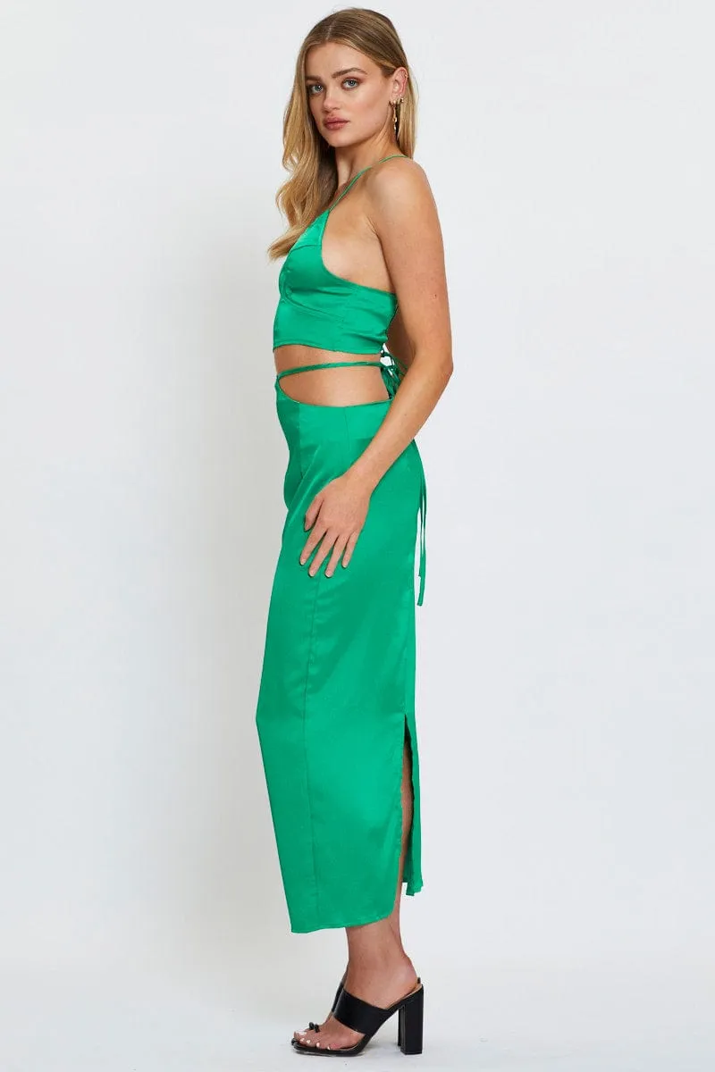 Green Slip Skirt Maxi Satin Stylish Vibe