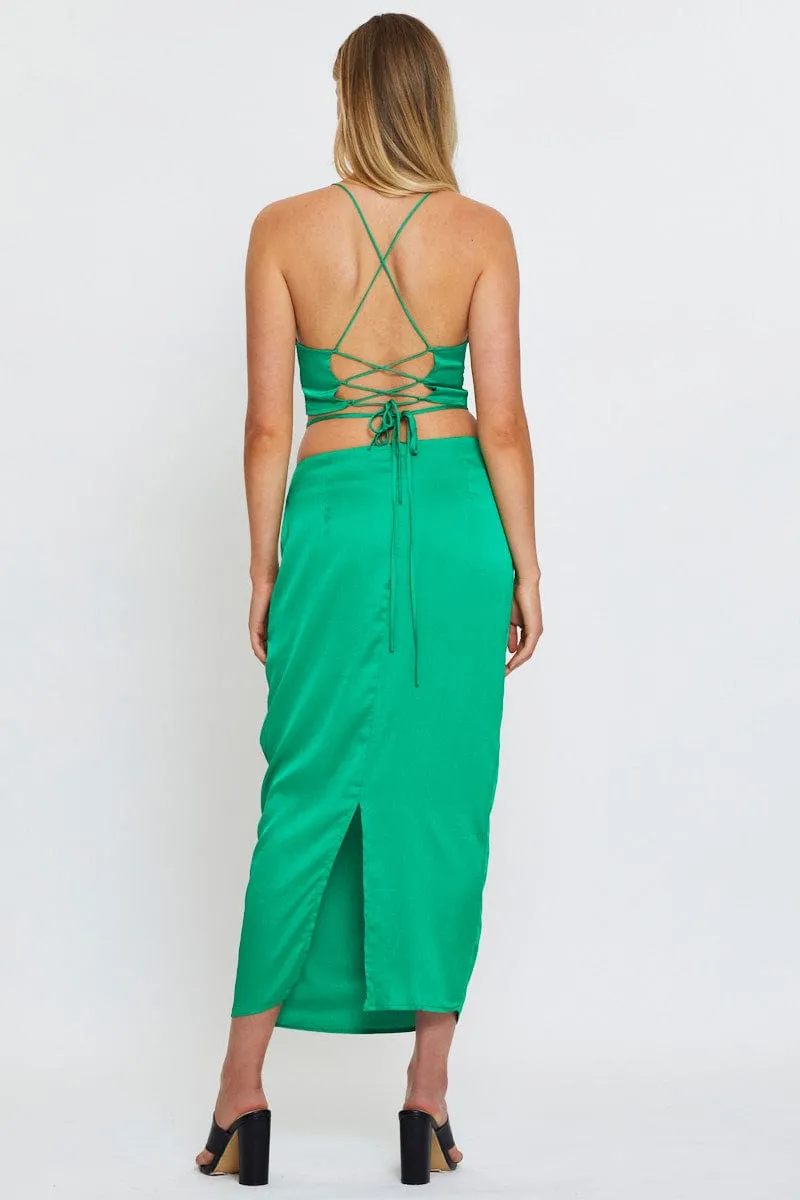 Green Slip Skirt Maxi Satin Patchwork Design