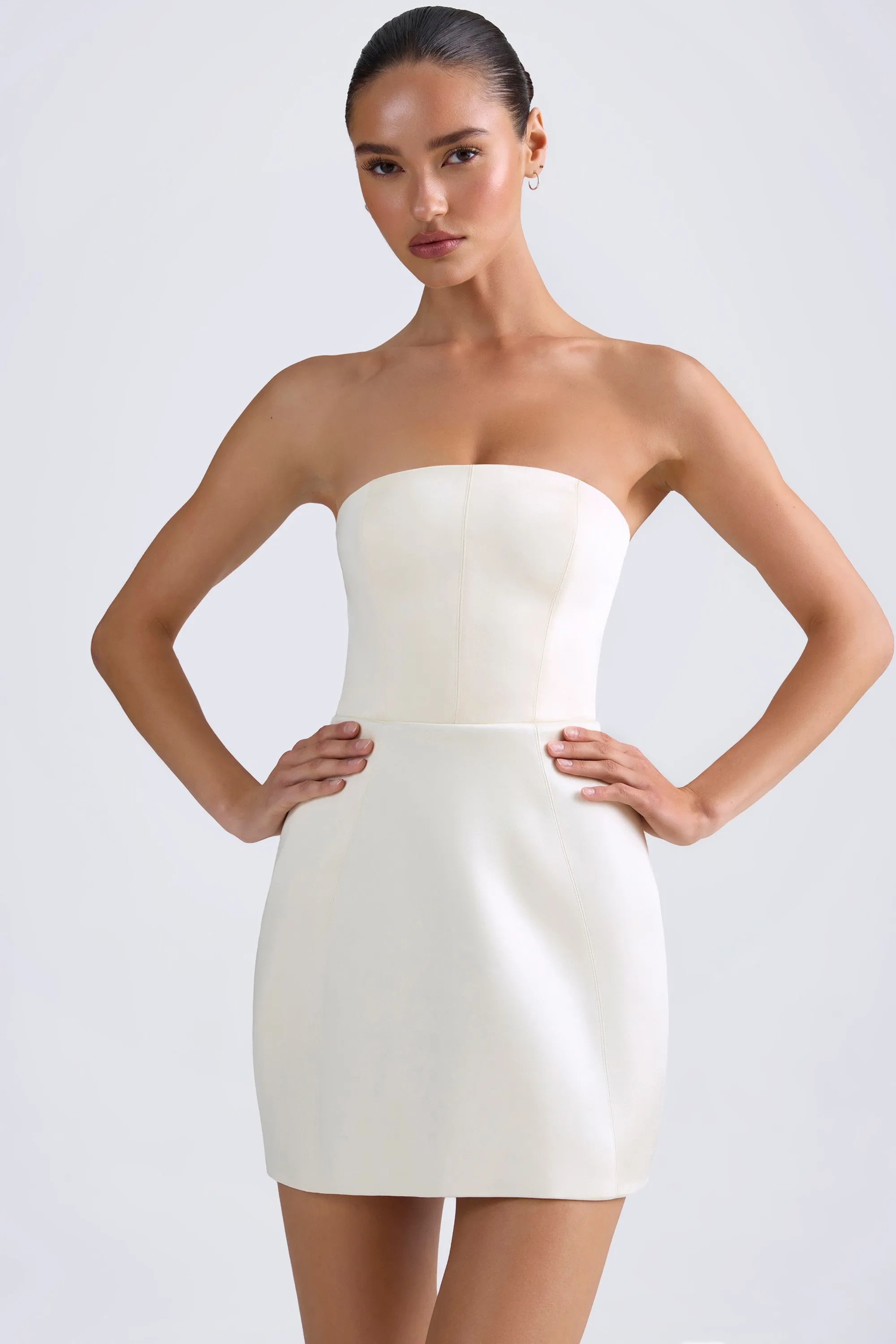 Bandeau Structured Tulip Mini Dress in Ivory Relaxed-fit mini gown Charming Style