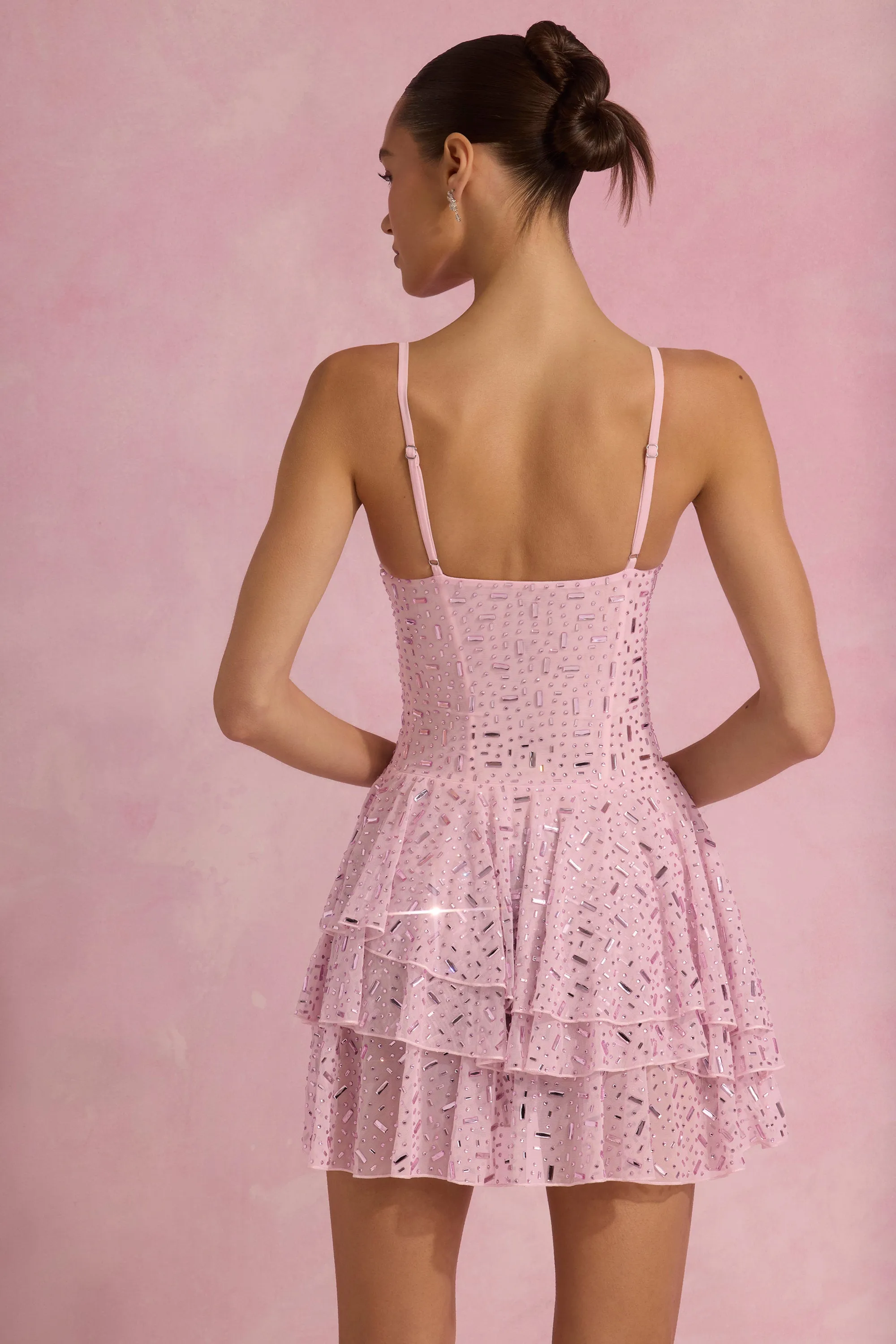 Embellished Ruffled Tiered Mini Dress in Pink Party Ready