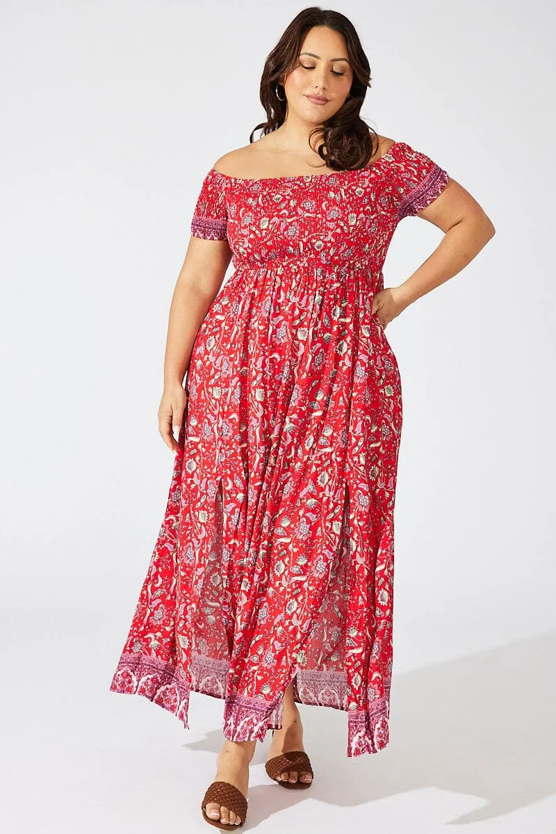 Red Boho Maxi Dress Short Sleeve Shirred Tulle Glow