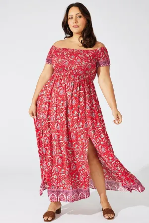 Red Boho Maxi Dress Short Sleeve Shirred Olive Green