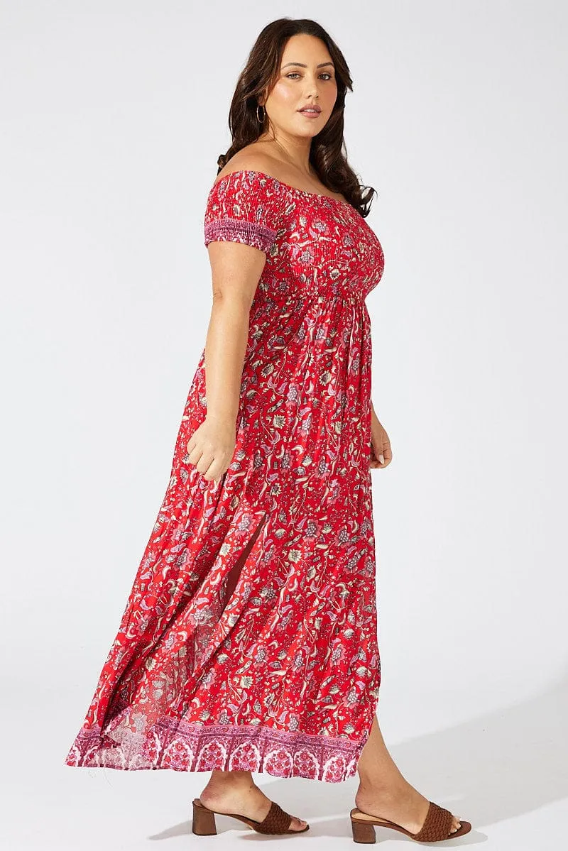 Olive Green Breezy formal outfit Red Boho Maxi Dress Short Sleeve Shirred