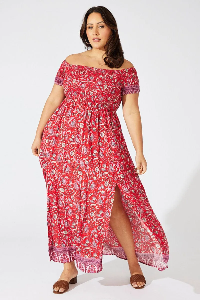 Red Boho Maxi Dress Short Sleeve Shirred Weave Art