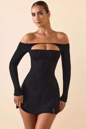 Modal Cut-Out Off-Shoulder A-Line Mini Dress in Black Chic Outfit Charming Vibe