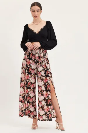 Odor Control Treatment Lightweight insulation Print Wide Leg Pants High Rise Front Split