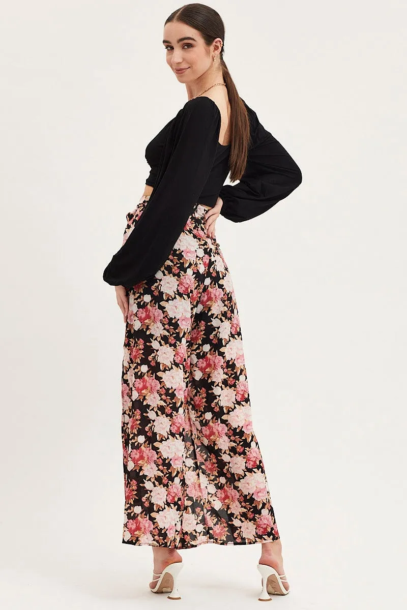 Print Wide Leg Pants High Rise Front Split Slim Comfort Weekend Wear