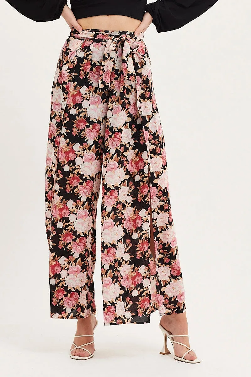 Print Wide Leg Pants High Rise Front Split Relaxed Waist Bold Waistband