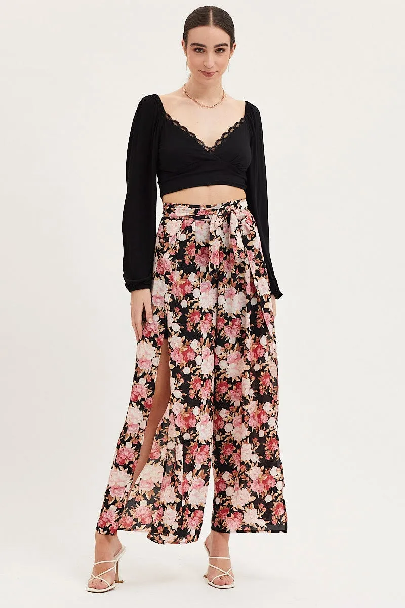 Print Wide Leg Pants High Rise Front Split Durable Seams Recycled fibers