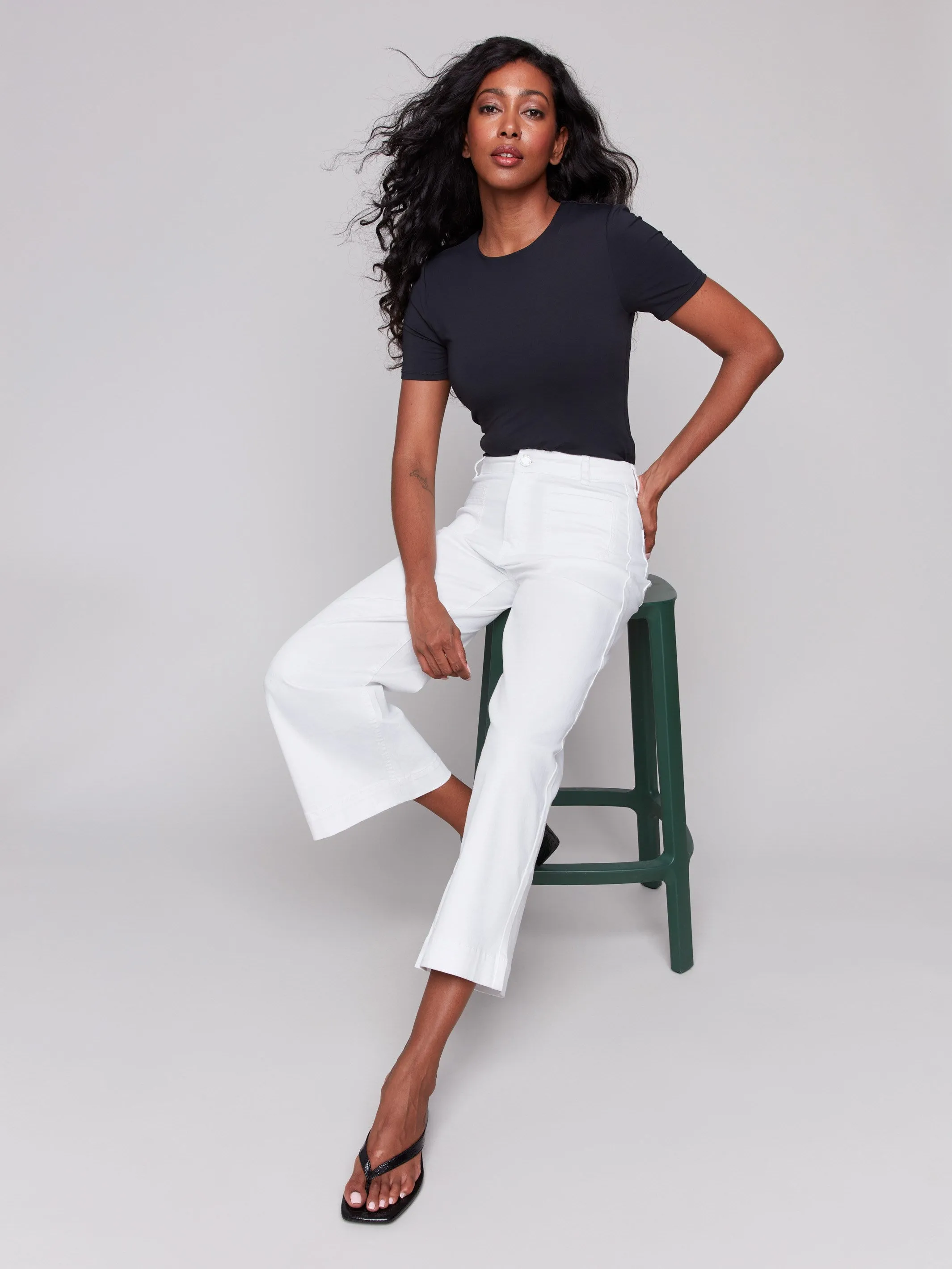 Brunch Outfit Trend Setter Patch Pocket Flare Twill Pants - White