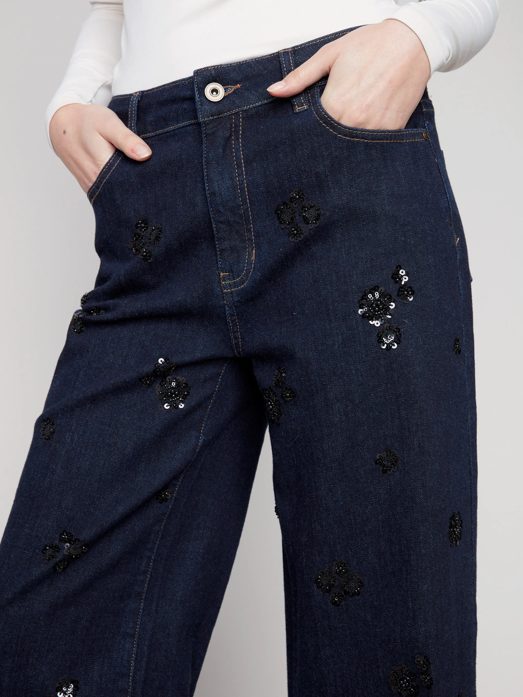 Wide Leg Sequin Embroidered Jeans - Deep Blue Road Trip Casual Friday Home Comfort