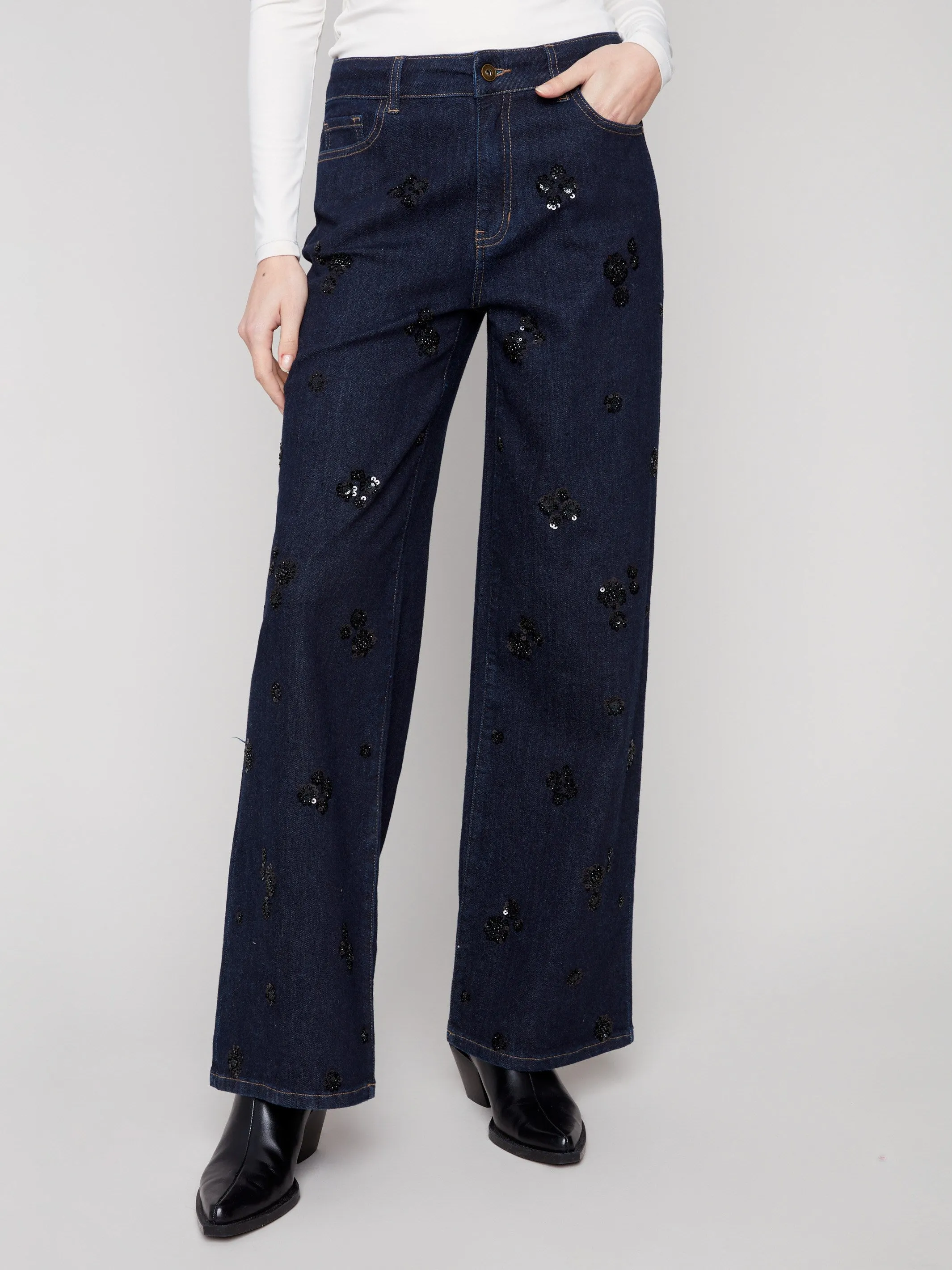 Wide Leg Sequin Embroidered Jeans - Deep Blue Wardrobe Choice Athlete Fit Modern Autumn Days