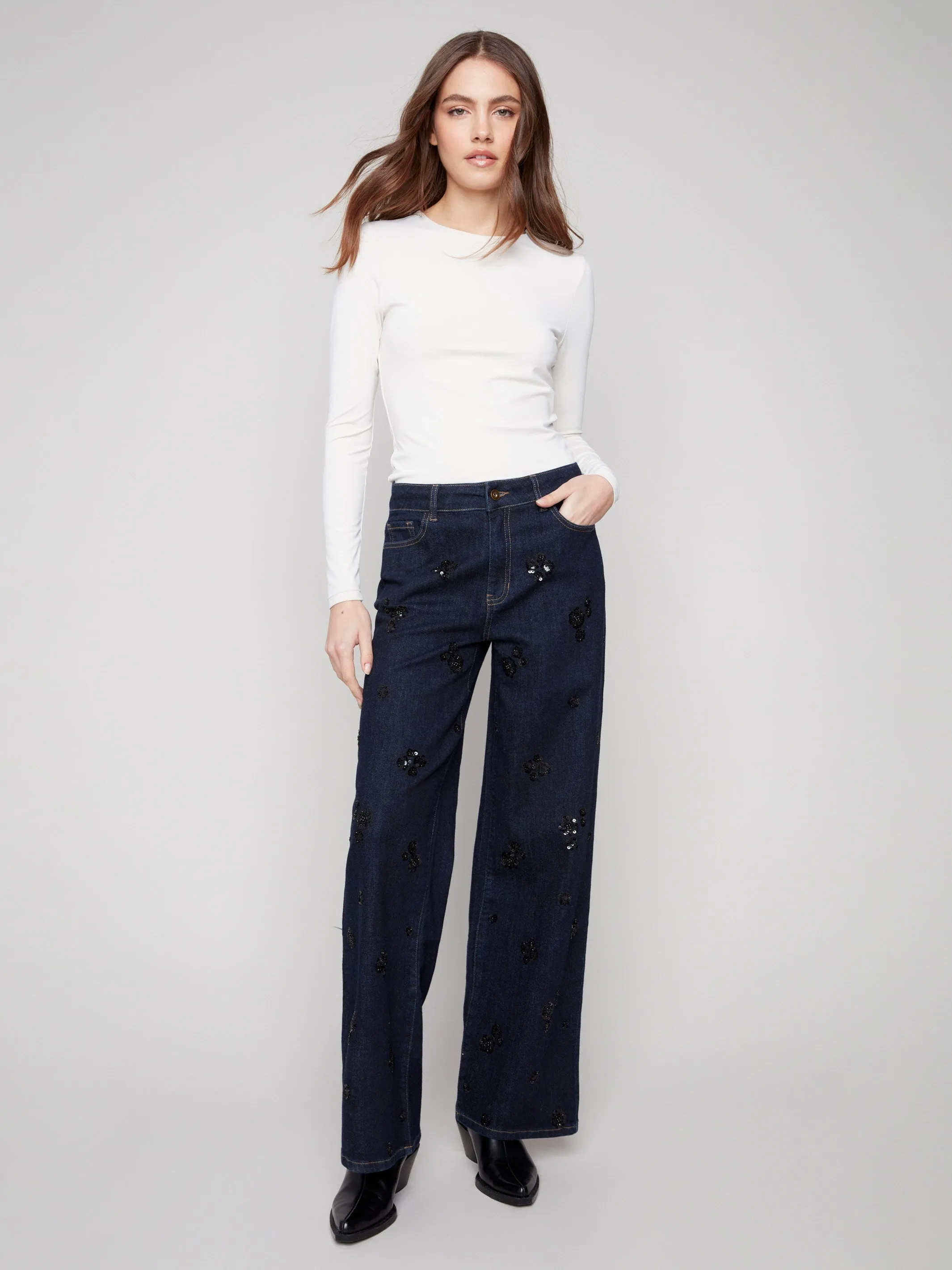 Sustainable Student Outfit Nature Lover Wide Leg Sequin Embroidered Jeans - Deep Blue