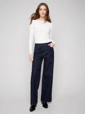 Sustainable Student Outfit Nature Lover Wide Leg Sequin Embroidered Jeans - Deep Blue