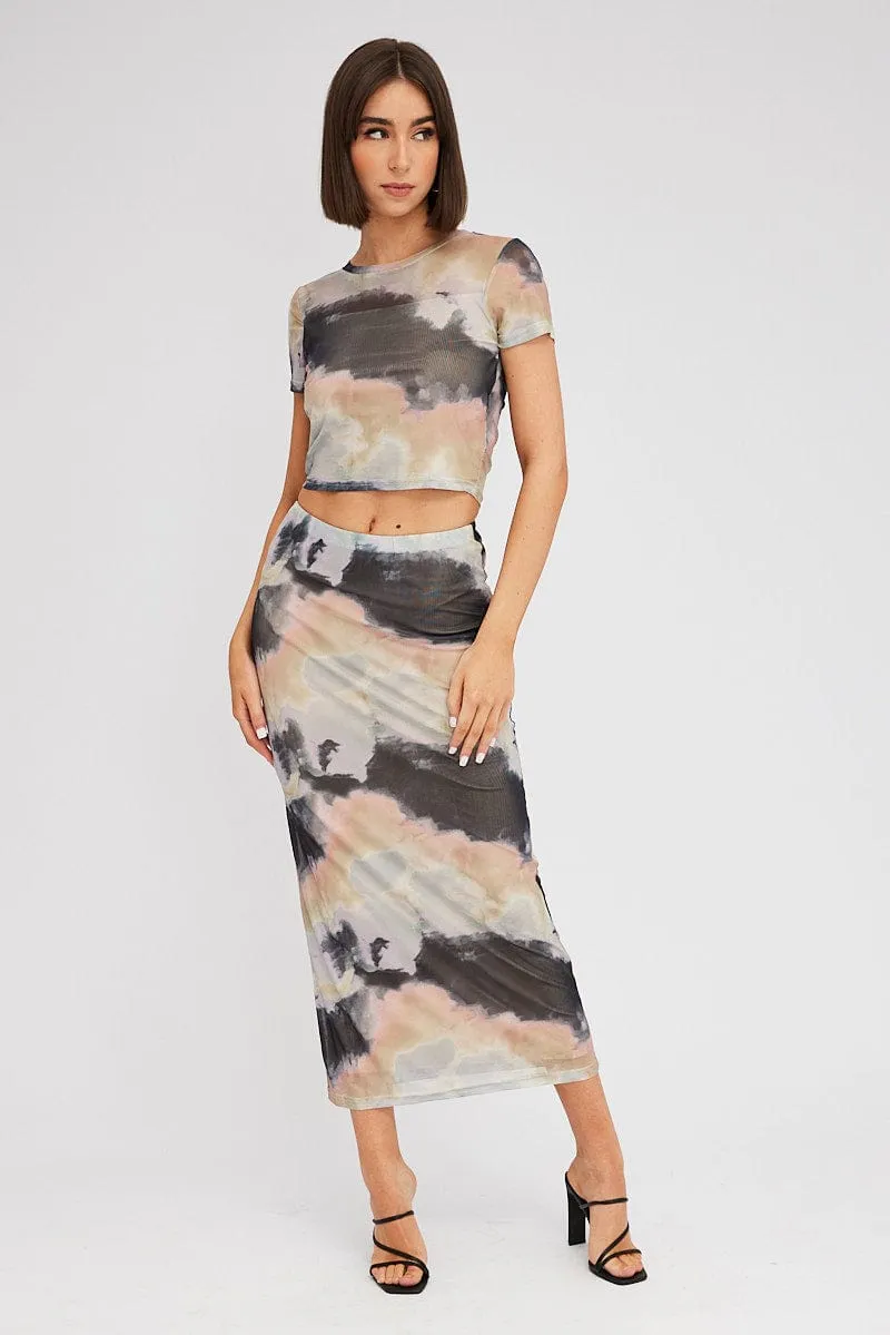 Affordable Fashion Unique Feature Brown Abstract Maxi Skirt High Rise Mesh