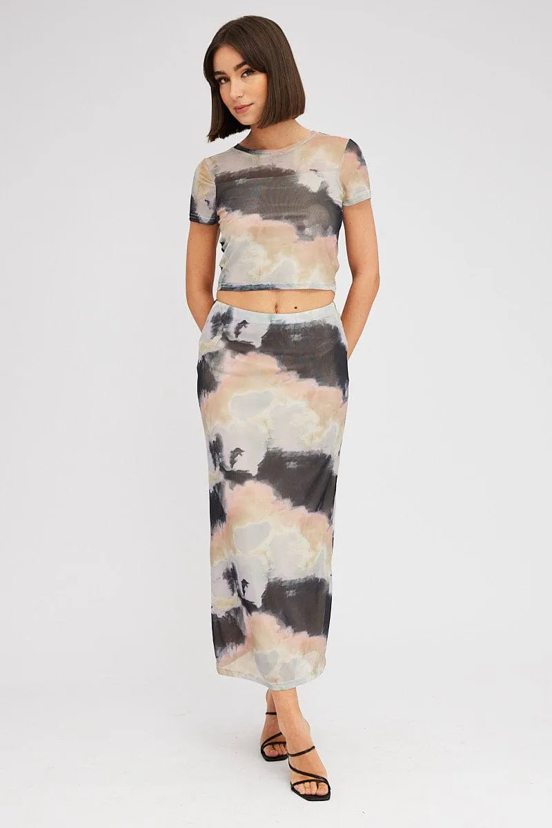 Brown Abstract Maxi Skirt High Rise Mesh light texture Stretch Waist