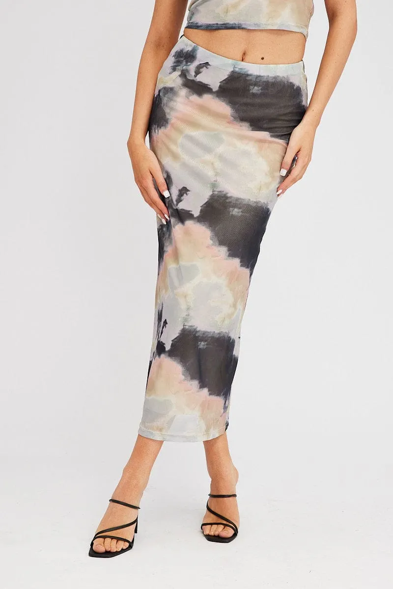Street Look Winter Layering Brown Abstract Maxi Skirt High Rise Mesh