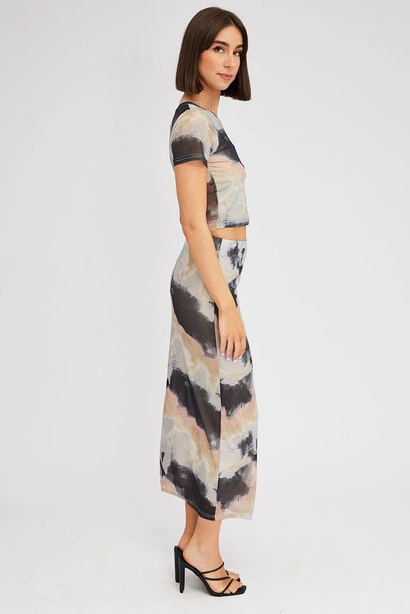 Creative Layering Brown Abstract Maxi Skirt High Rise Mesh