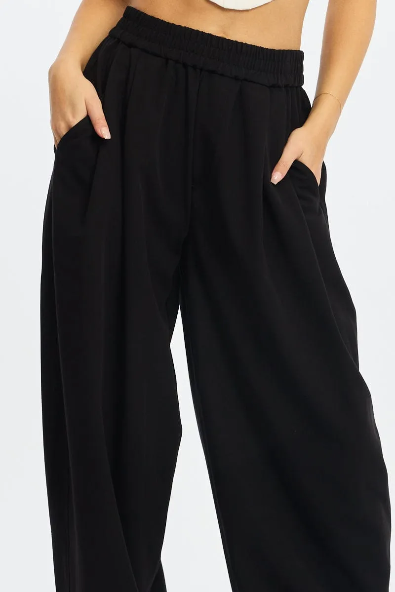 Black Barrel Leg Pant Elastic Waist Versatile Wear QuickReleaseBuckle