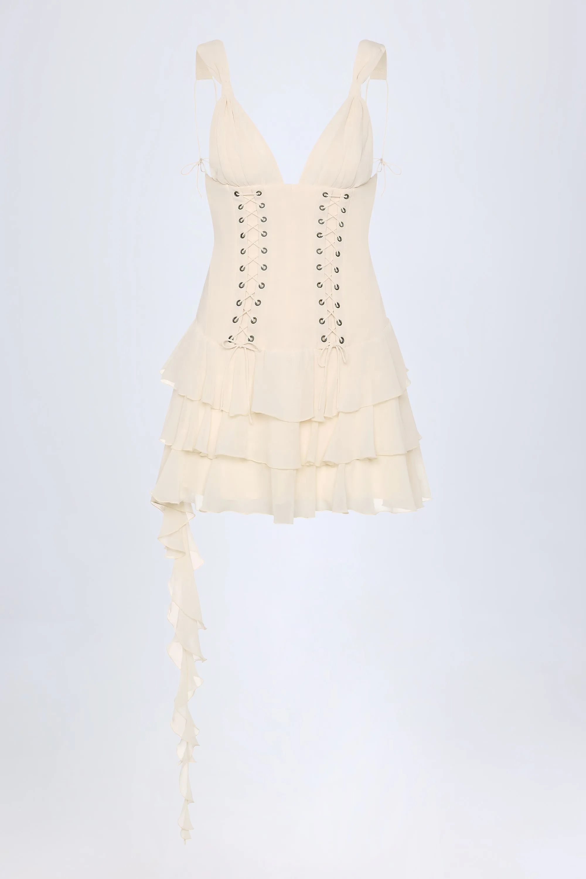 Urban Beat Lace-Up Ruffled Tiered Mini Dress in Ivory