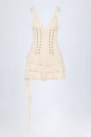 Urban Beat Lace-Up Ruffled Tiered Mini Dress in Ivory