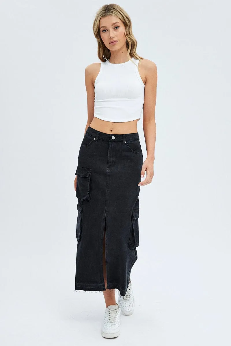 Black Denim Maxi Skirt Cargo Festival Outfit Laser Cut Edges