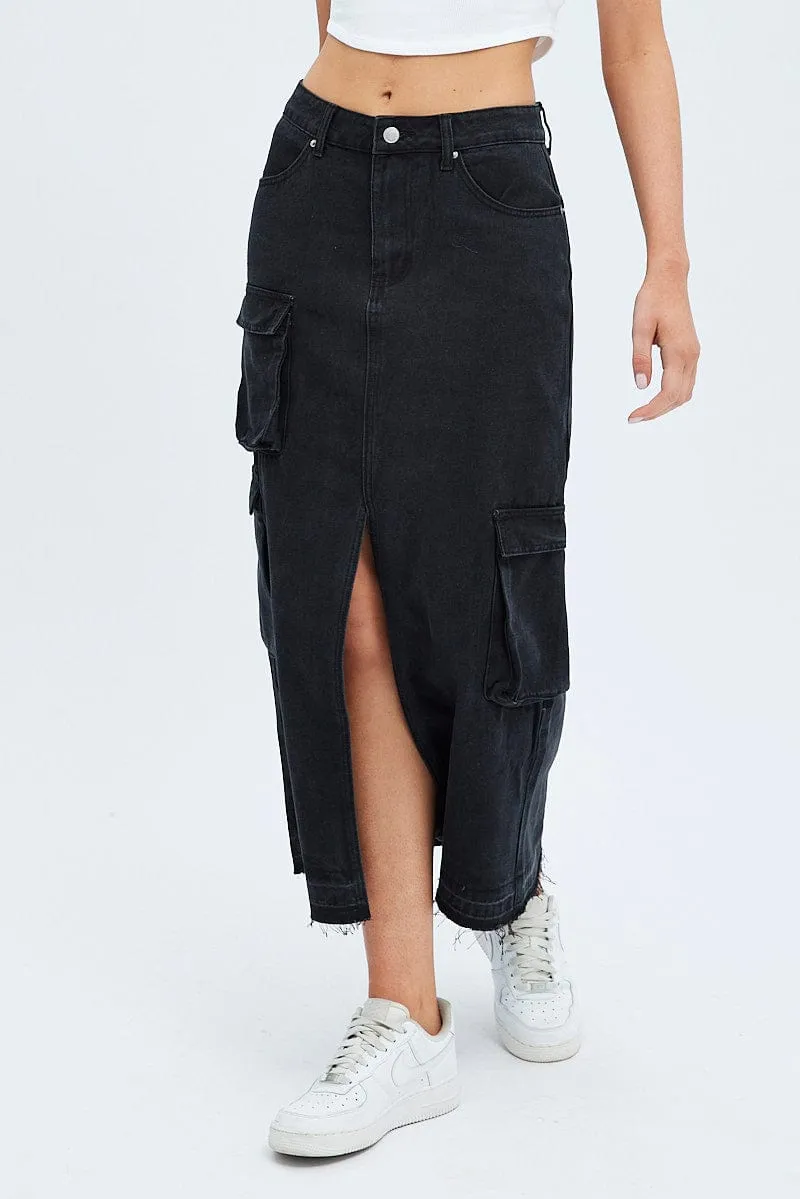 Black Denim Maxi Skirt Cargo Versatile Wear City Style