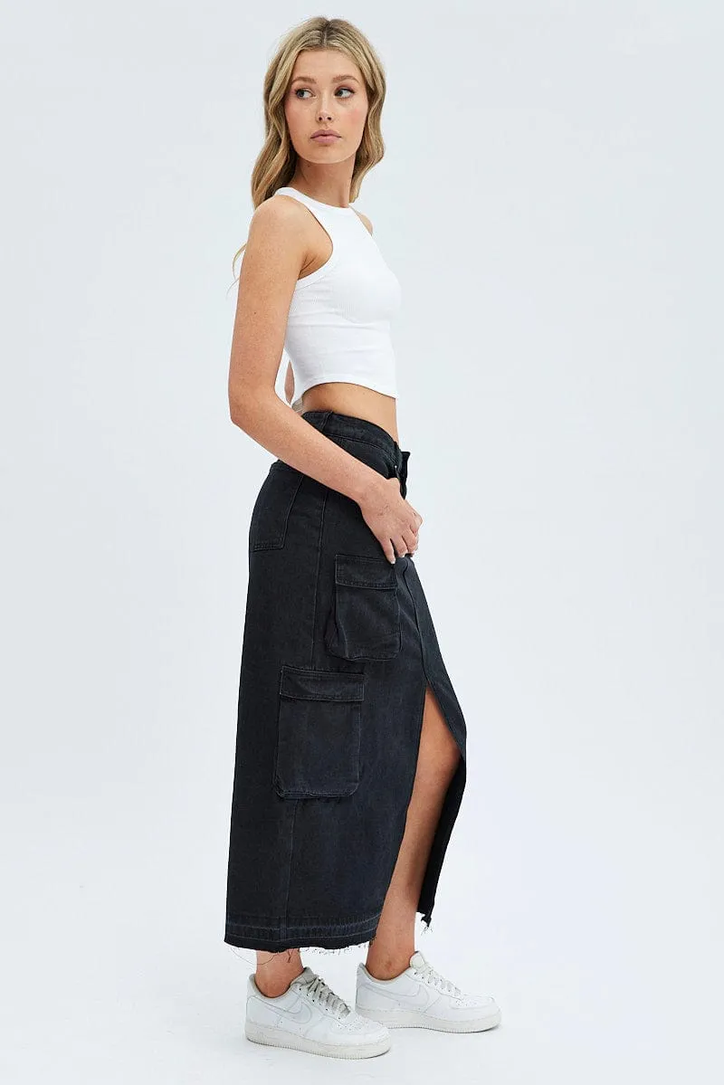 High Waist Tiered hem Black Denim Maxi Skirt Cargo