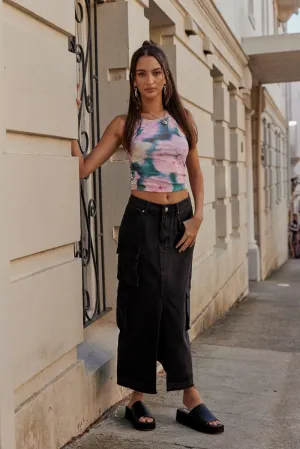 Black Denim Maxi Skirt Cargo Easy Fashion Style Layering