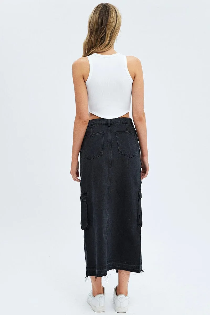 Black Denim Maxi Skirt Cargo Moisture wicking Core Collection