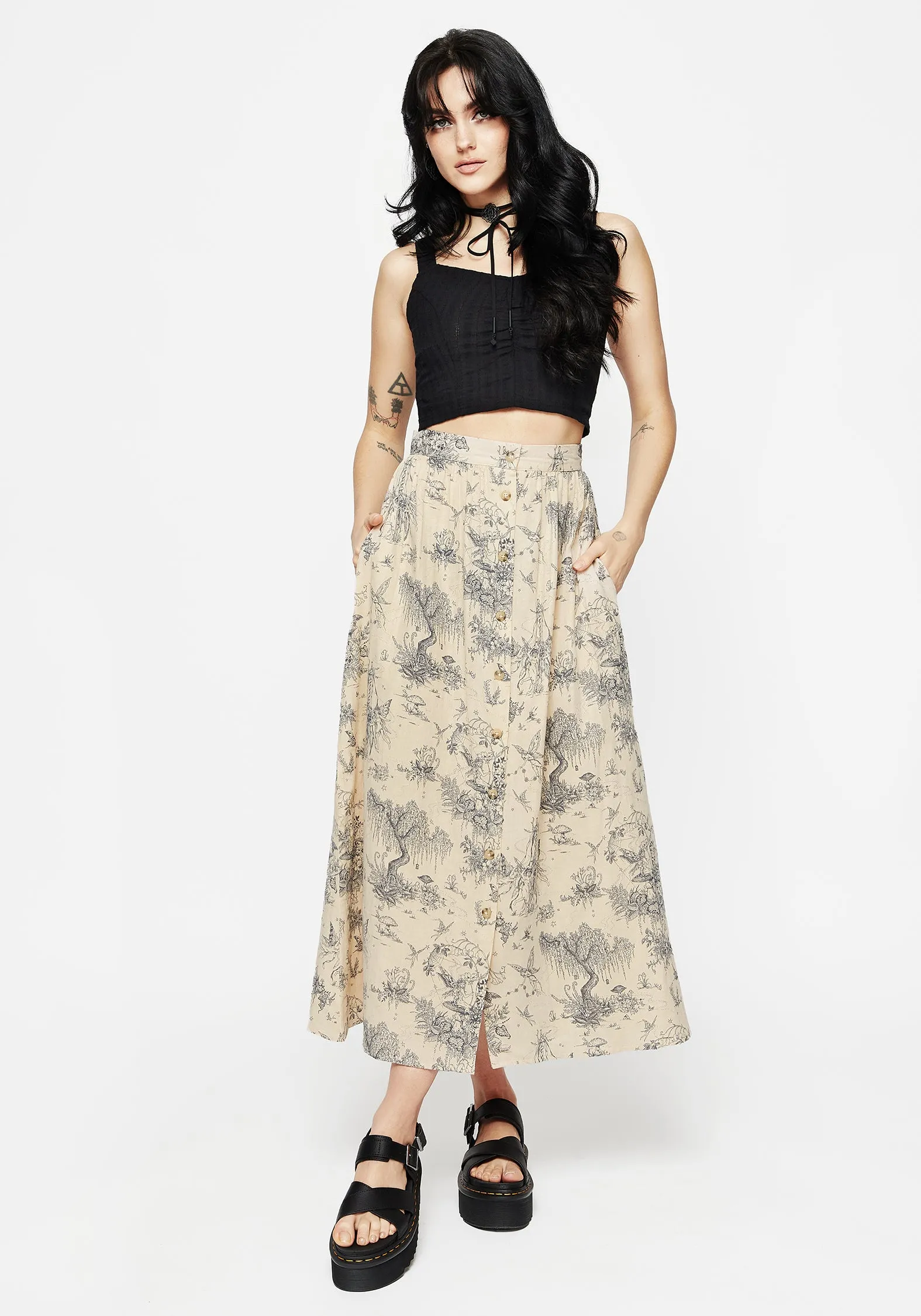 Office Appropriate Maypole Cotton Print Button Up Midaxi Skirt
