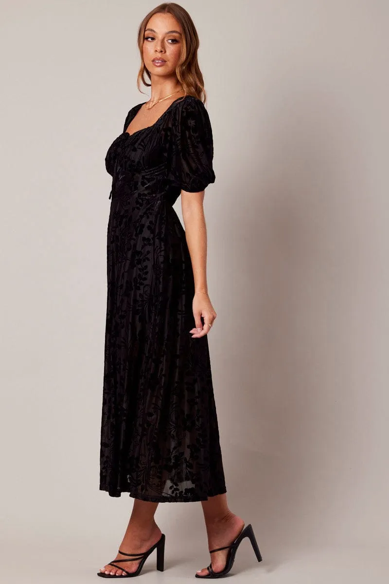 Practical travel midi Black Midi Dress Short Sleeve Side Split