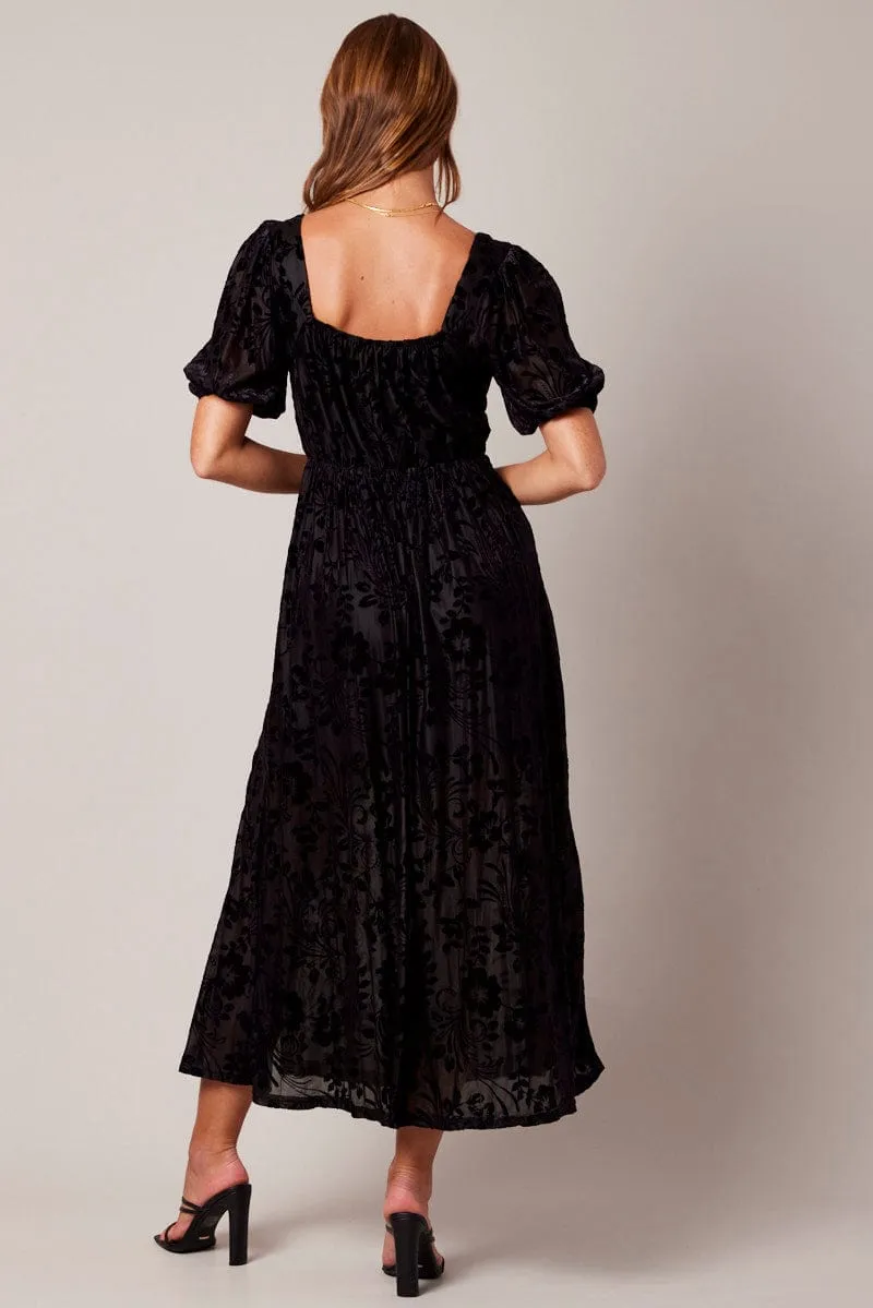 Low Effort Black Midi Dress Short Sleeve Side Split