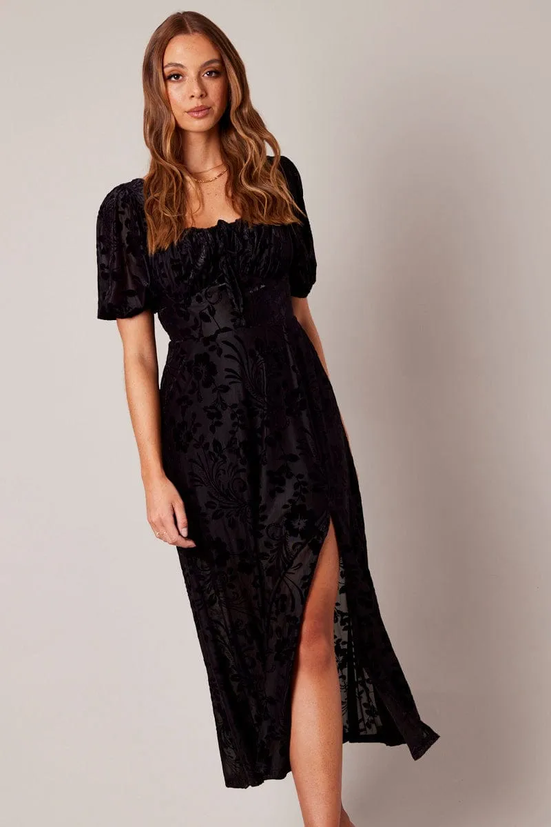 Easy Travel High-waisted midi dress Black Midi Dress Short Sleeve Side Split