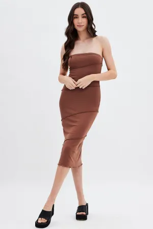 Brown Ribbed Bodycon Midi Dress Stage Grace