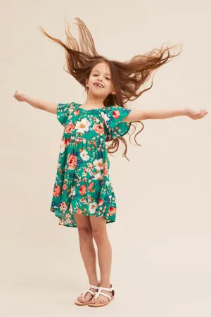 Wool Warm Young Professional Green Floral Kids Short Sleeve Midi Dress