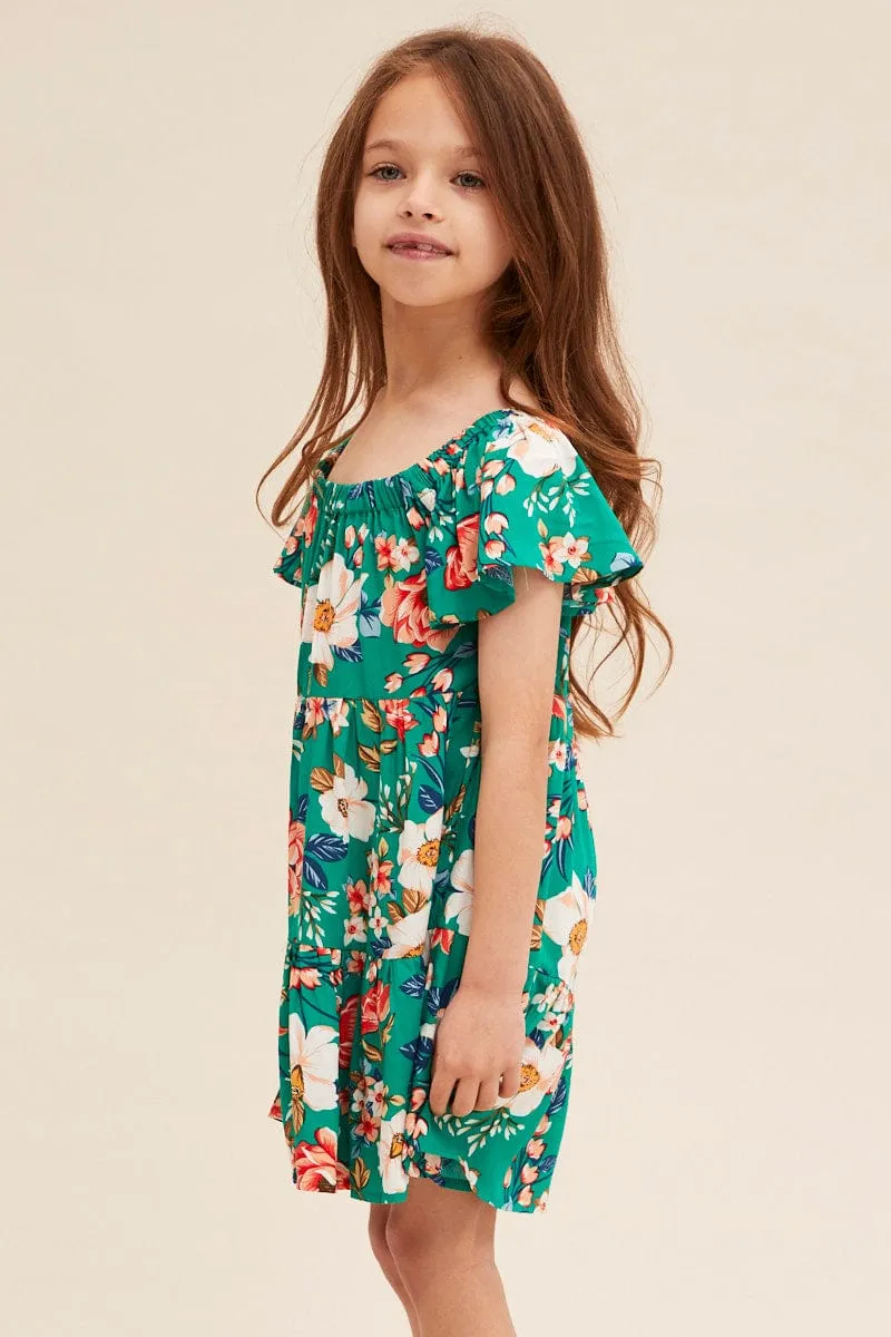 Soft draping fabric dress Green Floral Kids Short Sleeve Midi Dress