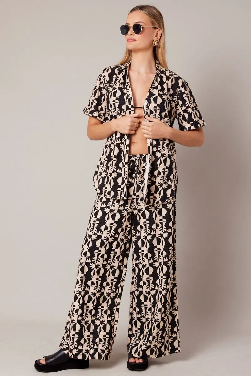 Fashionable Design Easy Movement Black Abstract Wide Leg Pants High Rise