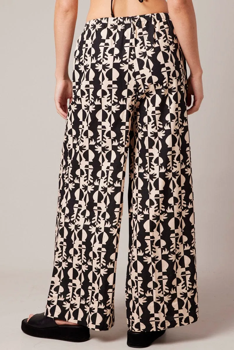 Black Abstract Wide Leg Pants High Rise High Quality Material