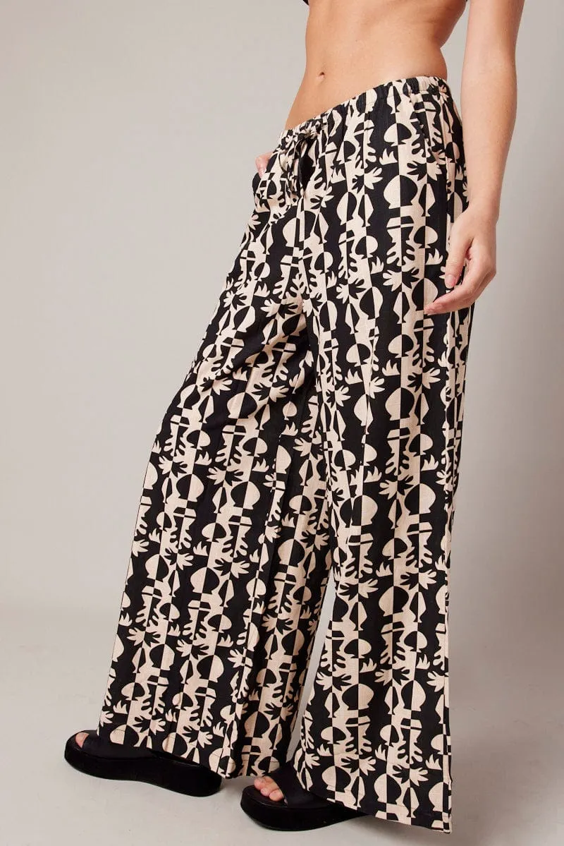 Quick Motion Eco Friendly Fabric Black Abstract Wide Leg Pants High Rise