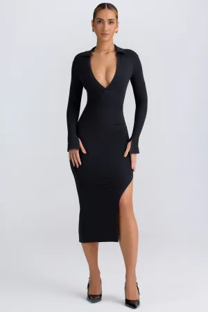 DurableSeams Modal Plunge V-Neck Midaxi Dress in Black
