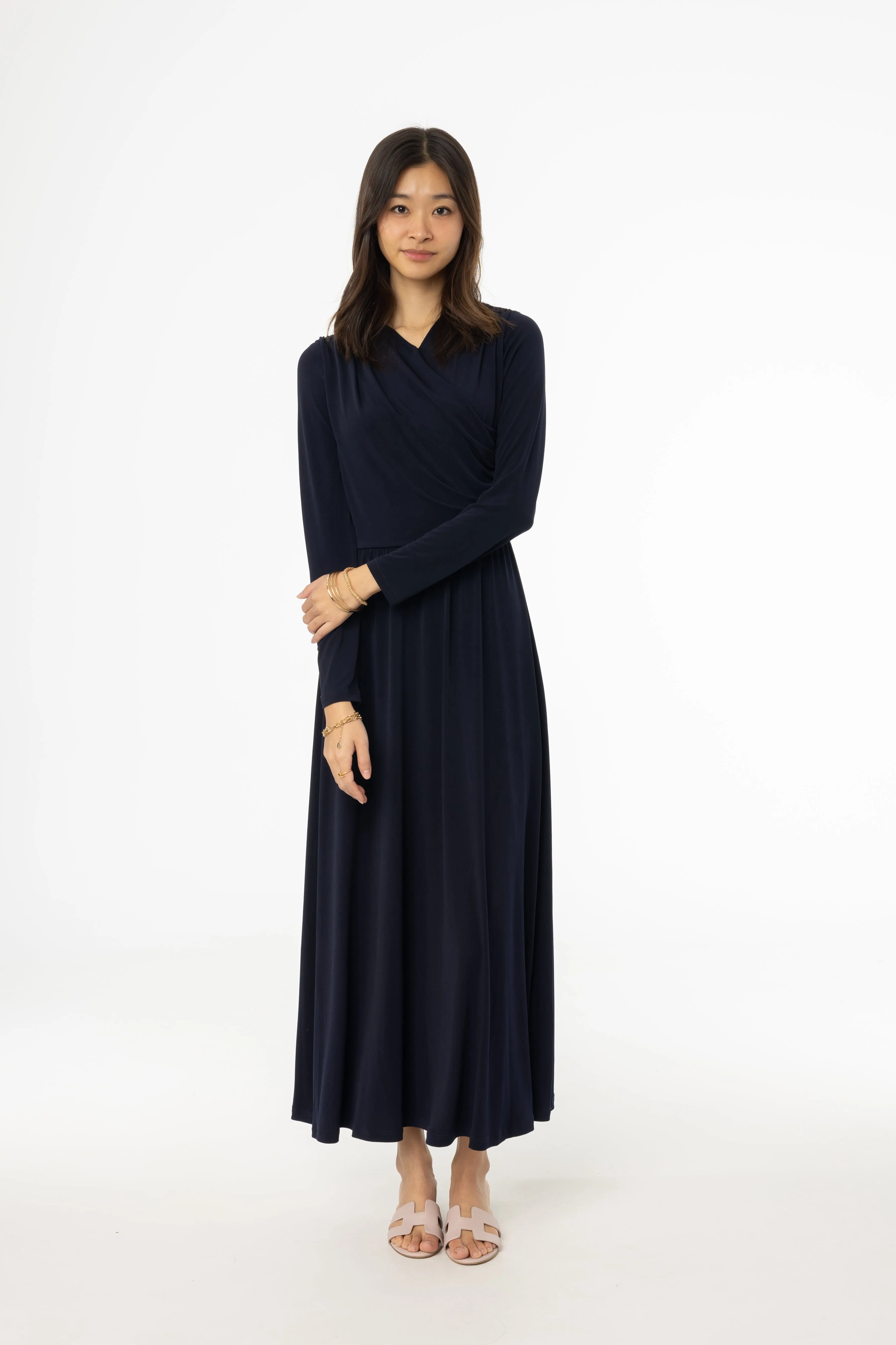 RipstopFabric Navy Slinky Faux Wrap Maxi Dress