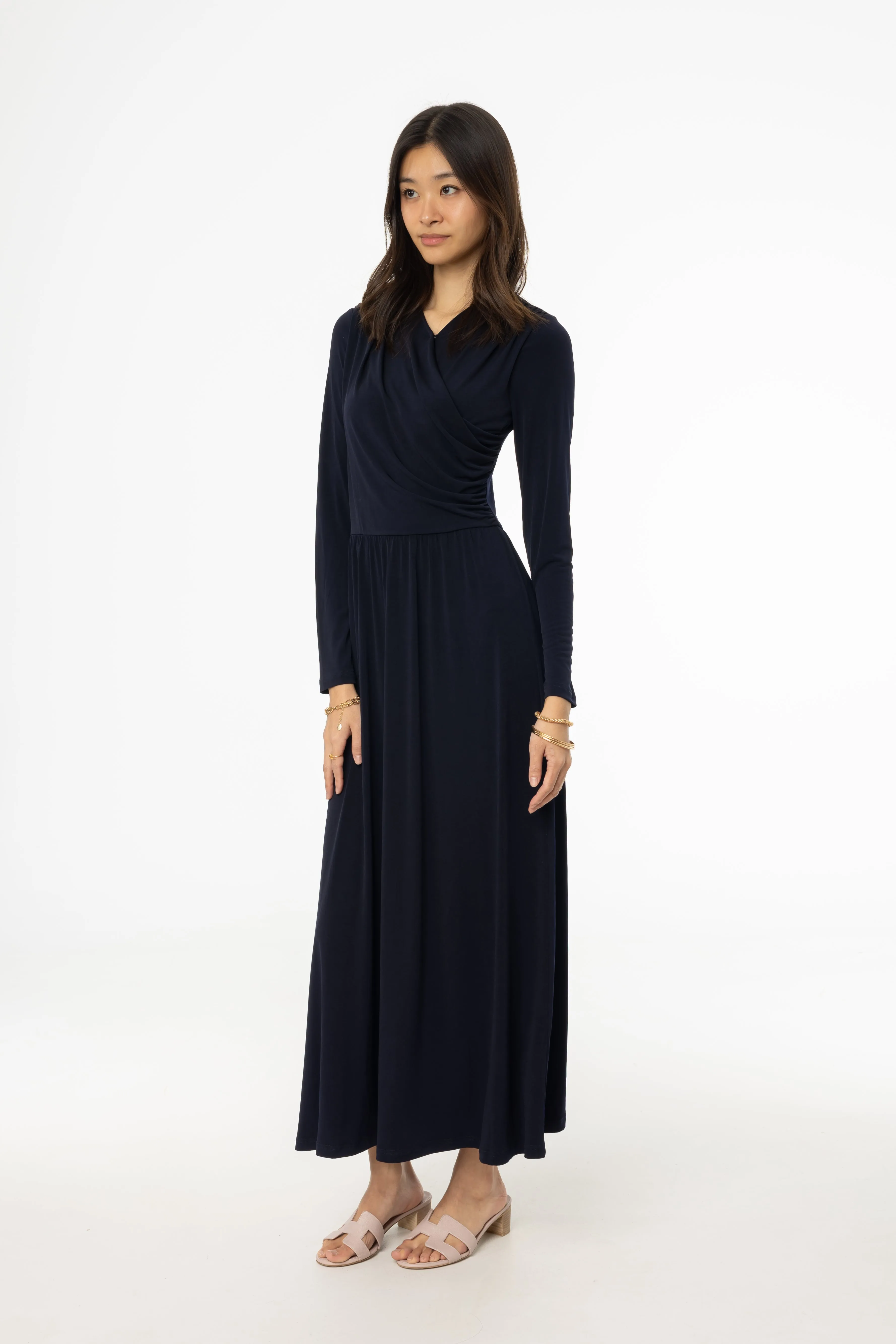 Free Fit EcoFriendlyMaterial Navy Slinky Faux Wrap Maxi Dress
