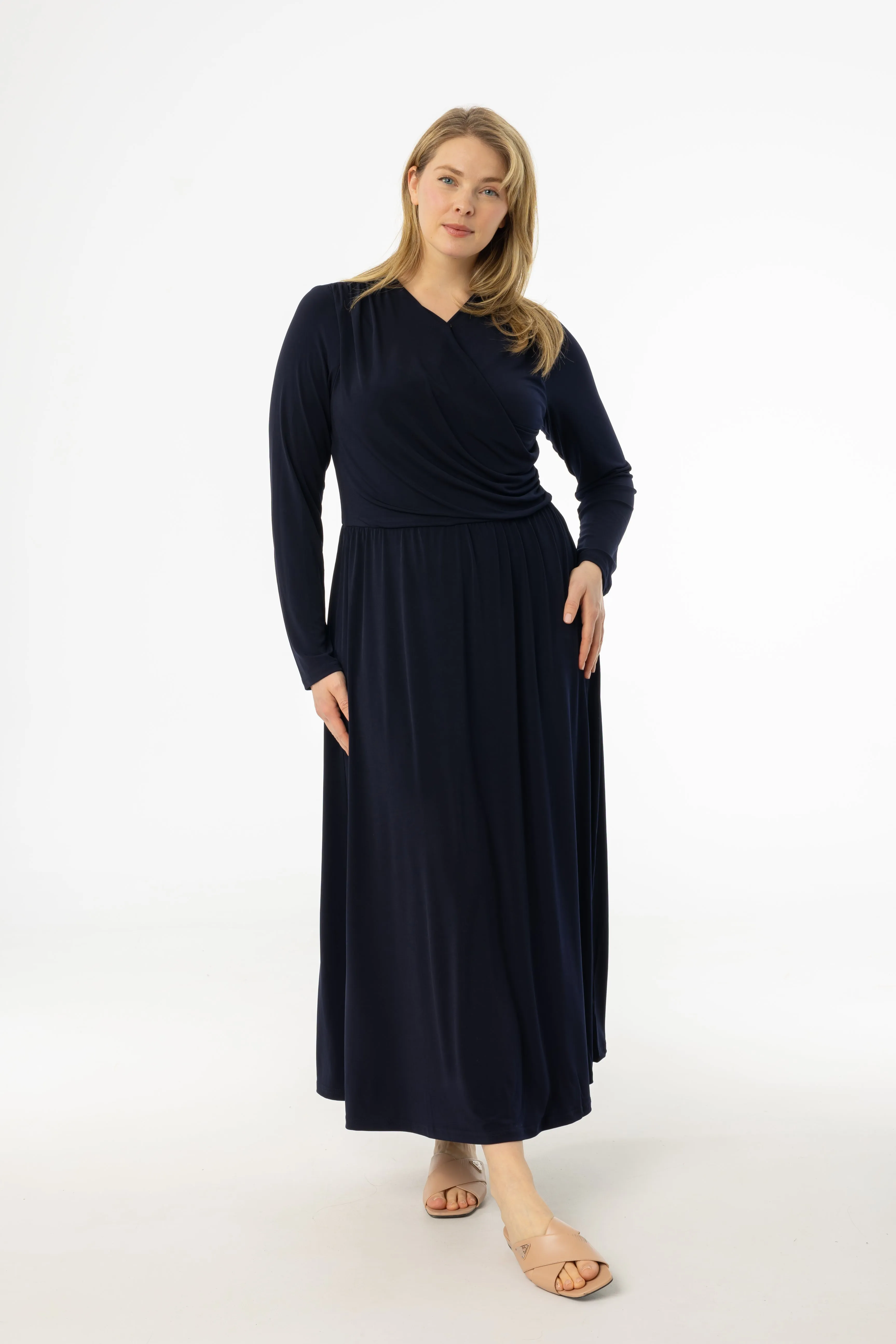 Sun shield Daily Use Navy Slinky Faux Wrap Maxi Dress